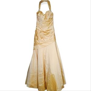 Alexia Gold Halter Trumpet Silhouette Floor Length Gown, Embellishments, EUC s 6